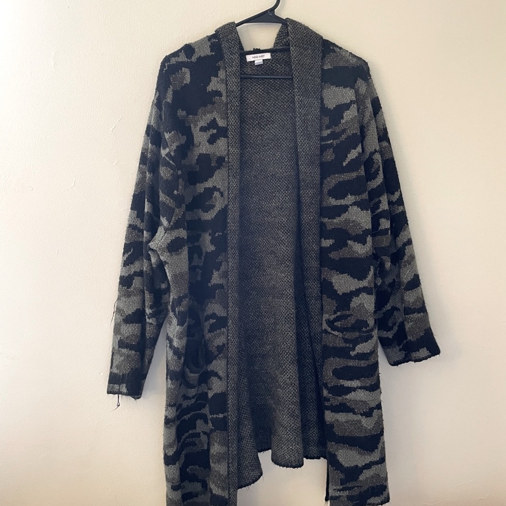 Nine West Open-Front Camouflage Knit Cardigan - Gray/Black 3x
